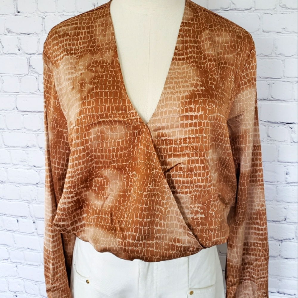 GUESS Long Sleeve Faux Wrap Blouson Bodysuit - M